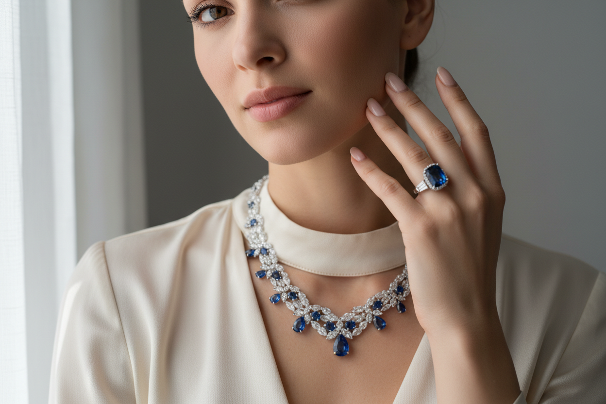 woman wearing a necklace and a ring 